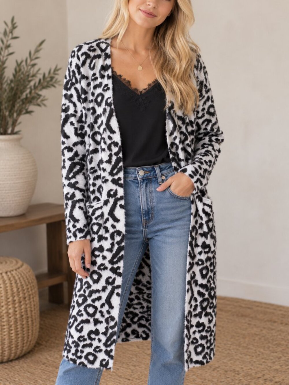 231. L/S Leopard Print Duster W/ Pockets